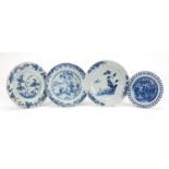 Three 18th century Chinese blue and white porcelain plates and one other, the largest 22cm in