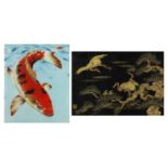 Two Japanese enamelled plaques of koi carp and storks amongst foliage, each mounted and framed,