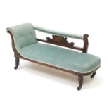 Edwardian inlaid mahogany child's chaise lounge with green button back upholstery, 50cm H x 103cm