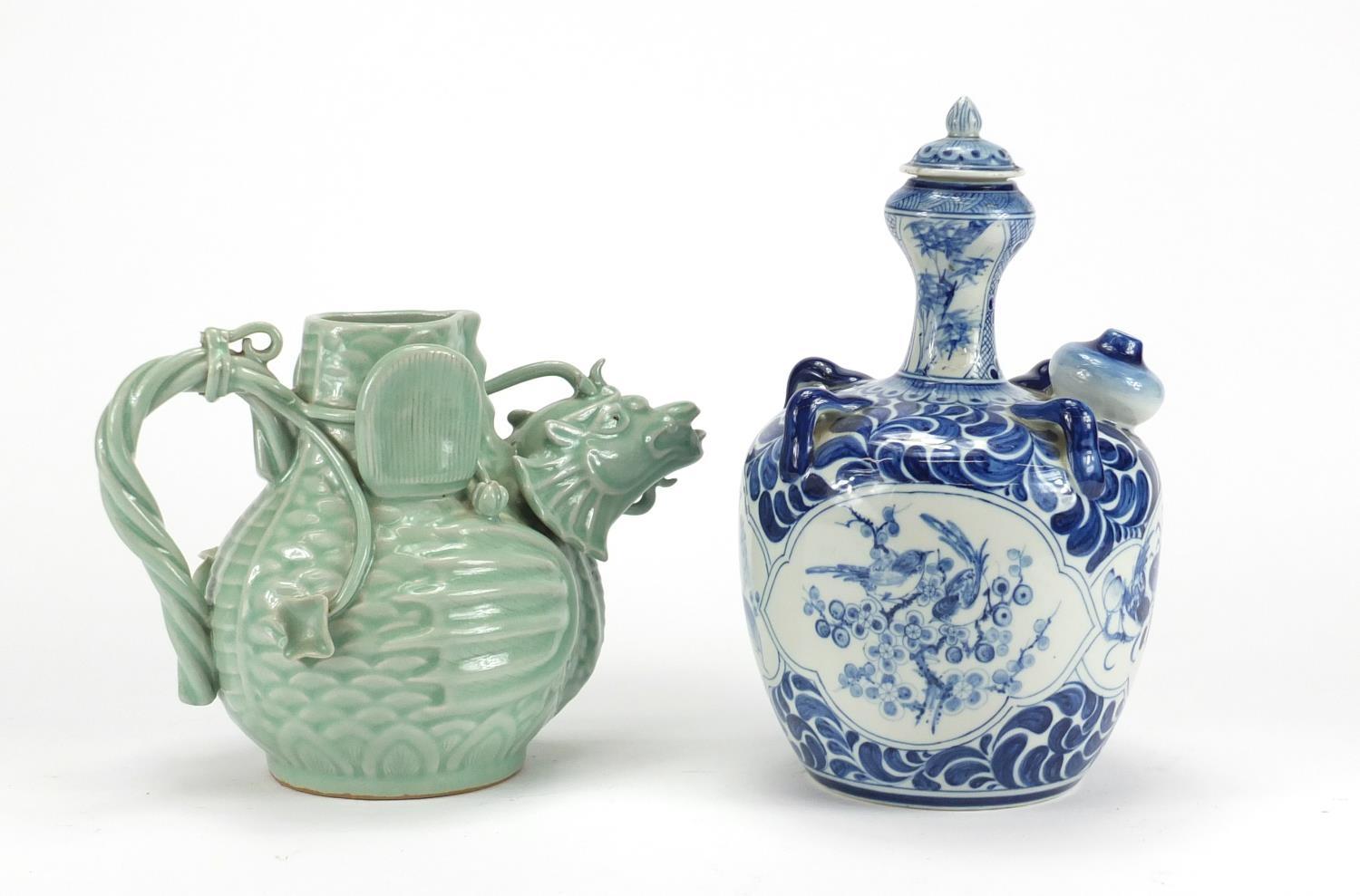 Chinese celadon glazed teapot and a blue and white porcelain bottle vase with cover, the largest - Image 3 of 6