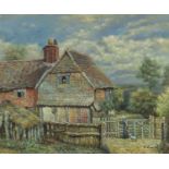 Figure outside of a cottage, impressionist oil on canvas, bearing a signature C Lance, framed,