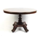 Victorian mahogany tilt top loo table with scroll feet, 72cm high x 120cm in diameter : For