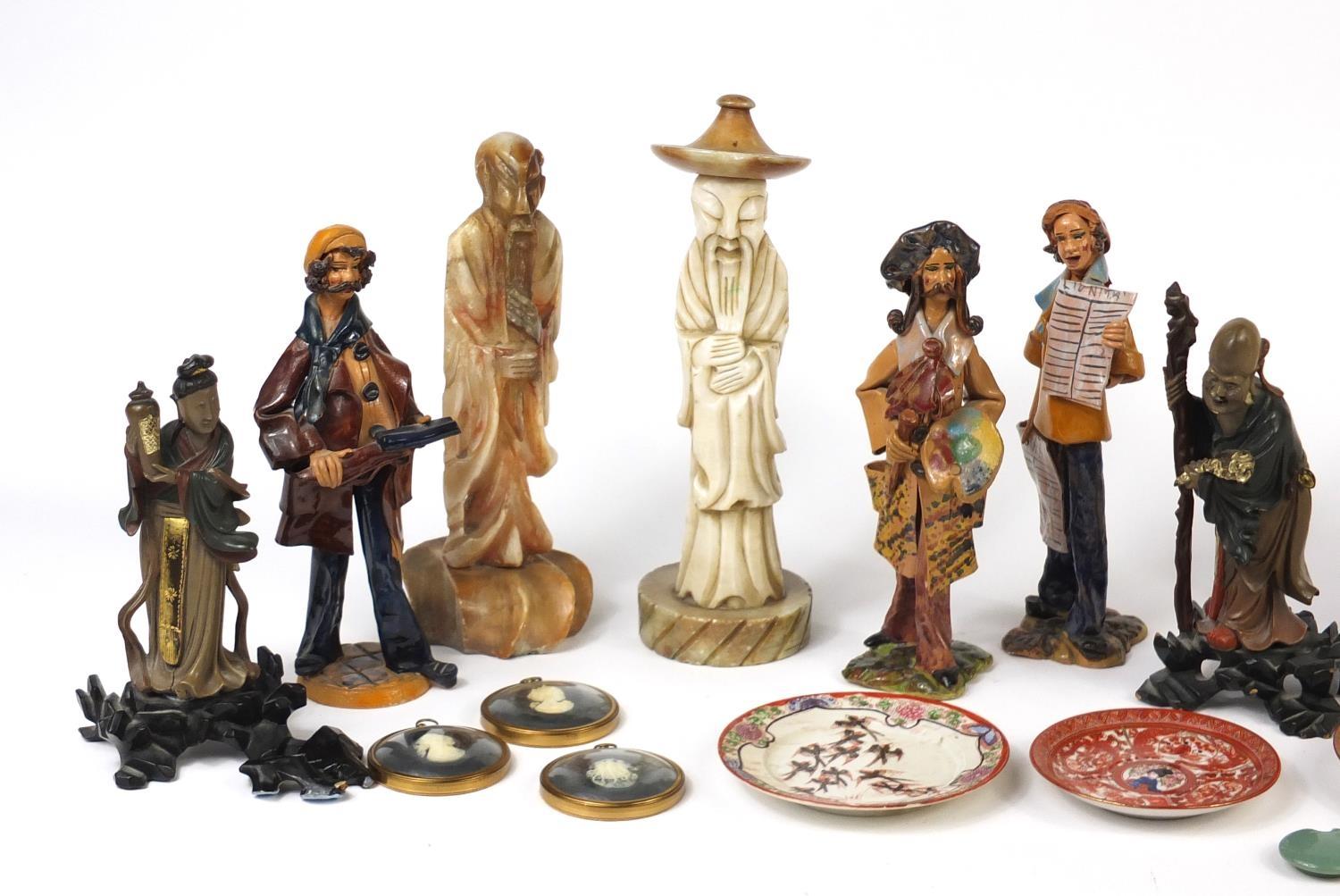 Decorative figures and plates including Italian pottery figures, carved onyx Chinese figures and - Image 2 of 7