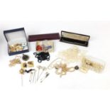 Costume jewellery including simulated pearl necklaces, earrings and an Ingersoll pocket watch :