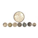 British coins including Victorian 1887 crown and silver three penny bits : For Further Condition