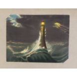 19th century and later watercolours, engravings and sketches including A Lighthouse in a Storm by