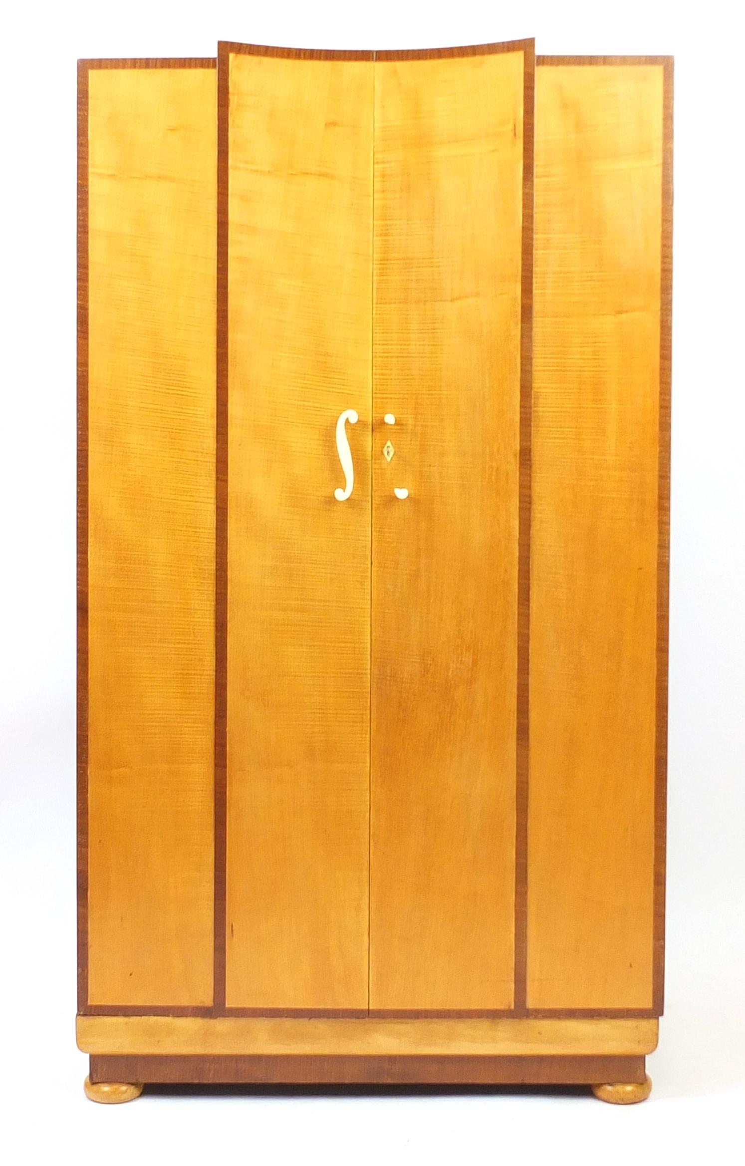 Art Deco satin wood two door compactum wardrobe, 185cm H x 107cm W x 58cm D : For Further