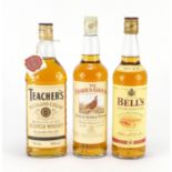 Three bottles of whisky comprising Teachers, Bells and Famous Grouse : For Further Condition Reports