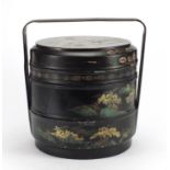 Chinese black lacquered three section food carrier, 35cm high : For Further Condition Reports Please