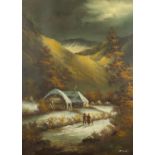 Winter landscape with figures before mountains, oil on canvas, bearing a signature B Todol,
