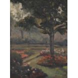 Garden scene, impressionist oil on board, bearing an indistinct signature possibly Thomas Levell,