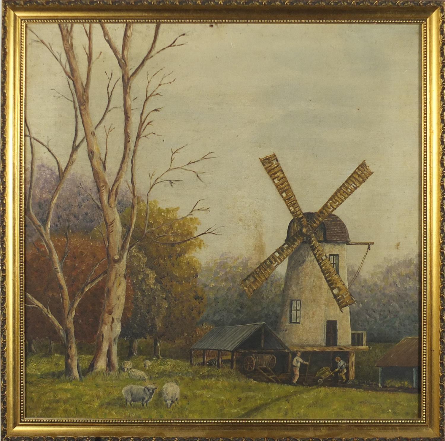 Figures before a windmill, English school oil on canvas, framed, 50cm x 50cm : For Further Condition - Image 2 of 3