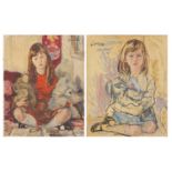 Young girls with puppies, pair of oil on canvases, bearing an indistinct signature possibly Fairham,