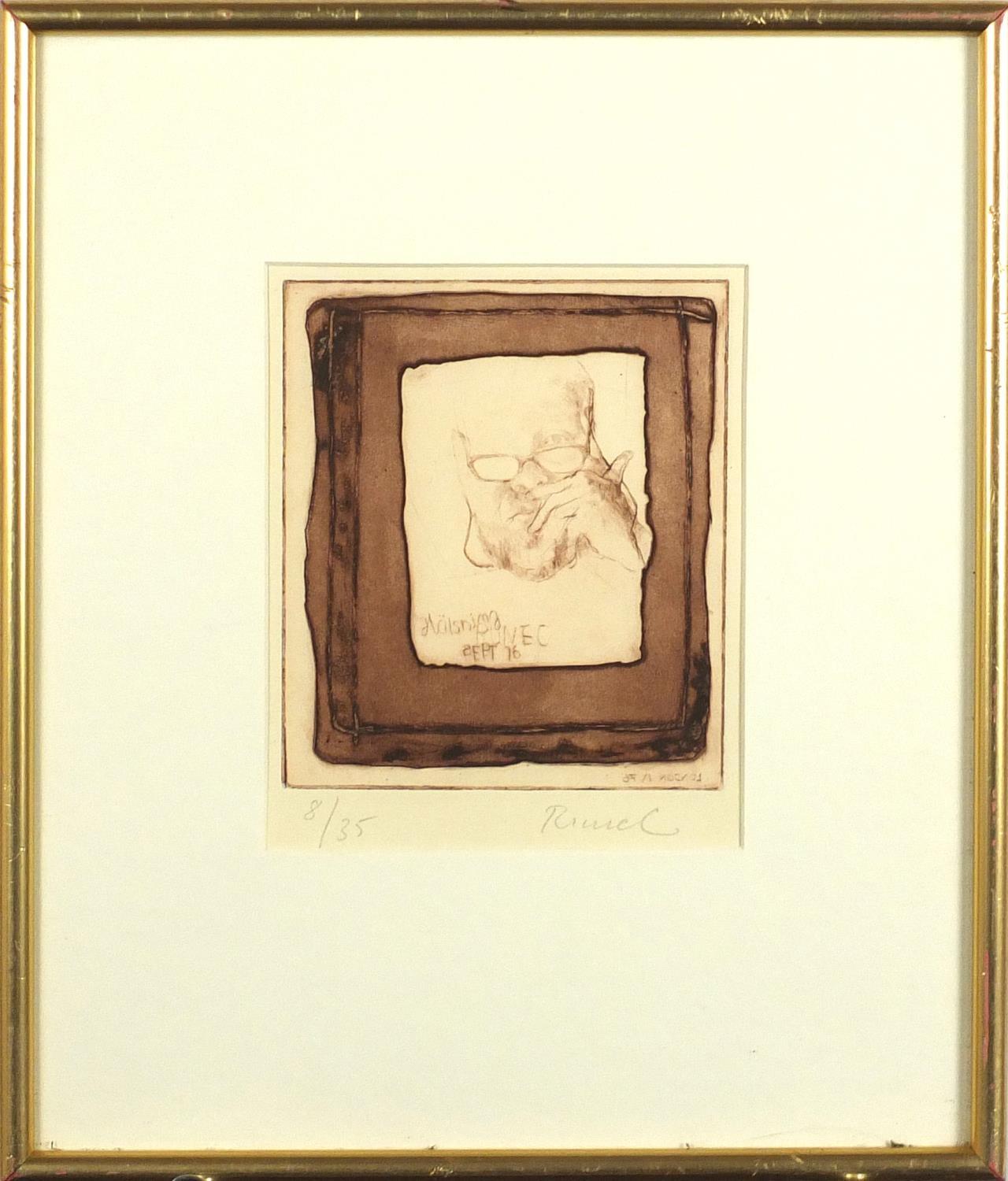 Runec - engraving in colours, pencil signed and numbered 835, mounted and framed, 16cm x 13cm : - Image 2 of 4