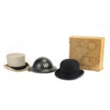 Two gentleman's hats and a Military interest wardens tin helmet including a Litewear bowler hat