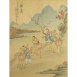 Chinese picture on silk of children and elders, mounted and framed, 46cm x 35cm : For Further