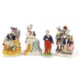 Four Staffordshire style figure groups including Romeo and Juliet and The Rival, the largest 29cm