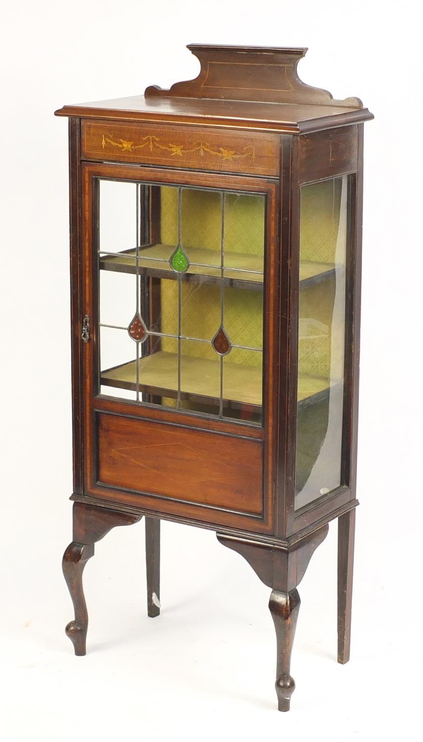 Edwardian inlaid mahogany china cabinet with leaded glass door, 141cm H x 62cm W x 33cm D : For