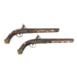 Pair of flintlock antique style pistols with mother of pearl inlay, 42cm in length : For Further