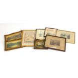 Prints and engravings including moored sailing boats and fishing boats on a lake, each mounted and