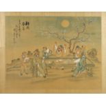 Chinese picture on silk of figures gathered around a table, mounted and framed, 46cm x 35cm : For