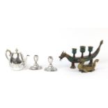 Metalwares including a brass Chinese dragon dish, pair of silver plated candlesticks and a silver