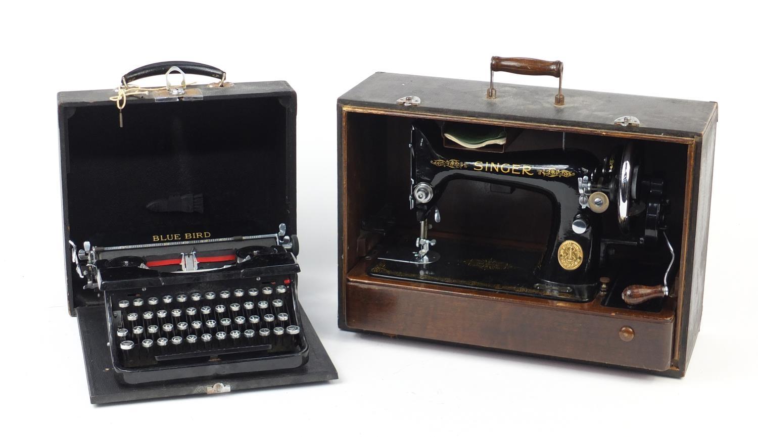 Vintage Bluebird portable typewriter and Singer sewing machine, model ED192503 : For Further