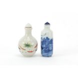 Two Chinese porcelain snuff bottles with stoppers, the largest 8cm high : For Further Condition