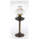 Victorian style brass oil lamp with glass shade and reeded column, 69cm high : For Further Condition