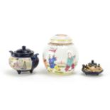 Japanese Satsuma porcelain koro, miniature teapot and a Chinese porcelain ginger jar and cover,