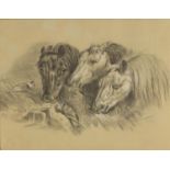 Three horse heads and two birds, black and white chalk, bearing a signature A Wilson, framed, 43.5cm