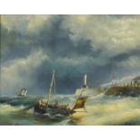 Fishing boat in rough seas and a jetty, oil on wood panel, bearing an indistinct signature