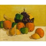 Still life fruit, oil on canvas, bearing a signature A E Rice, framed, 49.5cm x 40cm : For Further