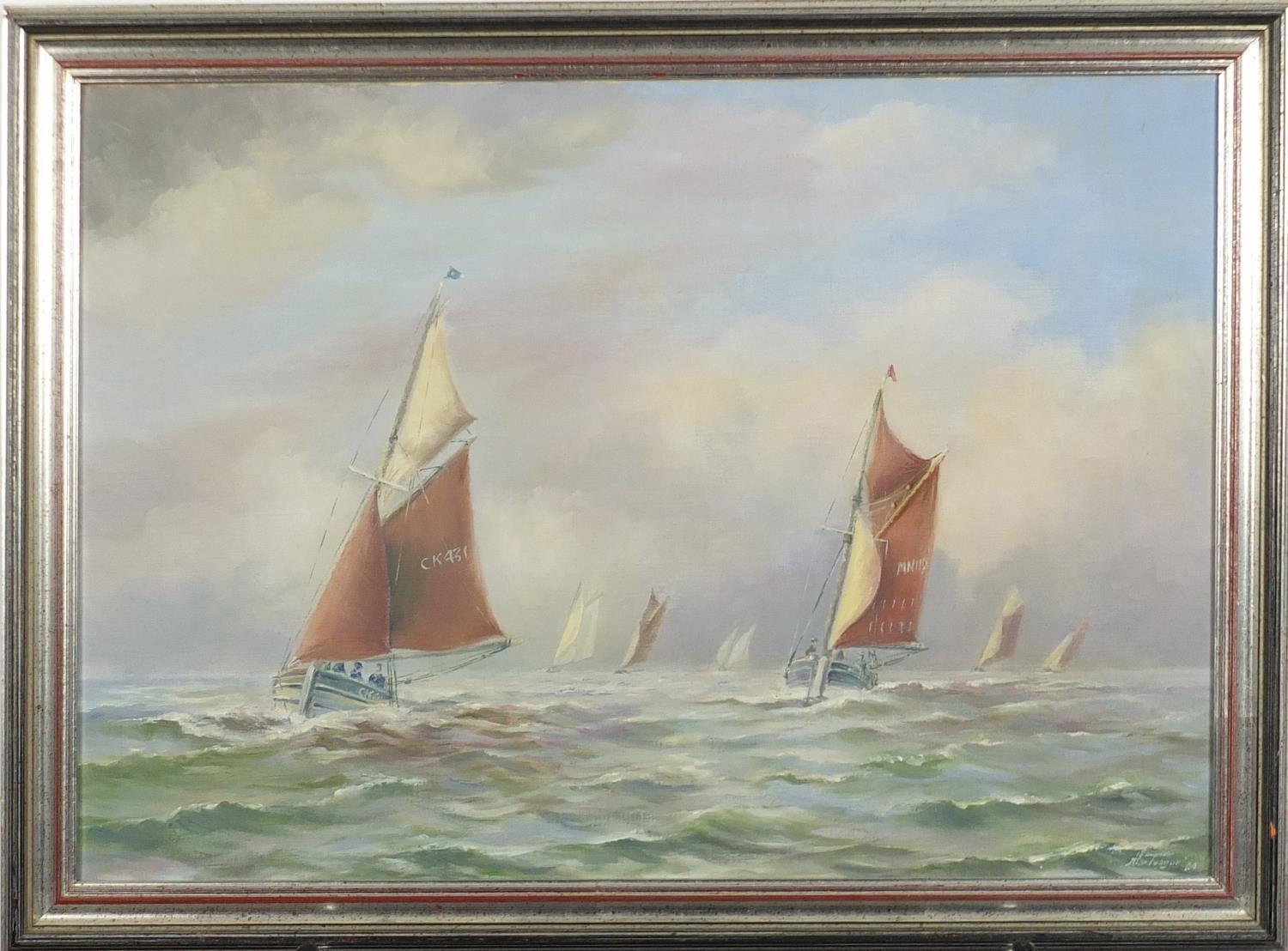 Monteague - East Coast Old Gaffers and Theodora, pair of marine oil on canvases, framed, each 49.5cm - Image 3 of 11