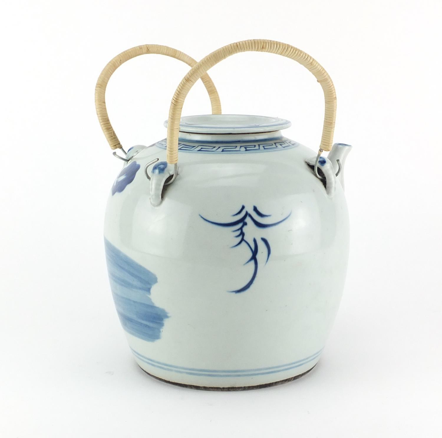 Large Chinese blue and white porcelain teapot with wicker handles, 22cm high excluding the handles : - Image 2 of 3