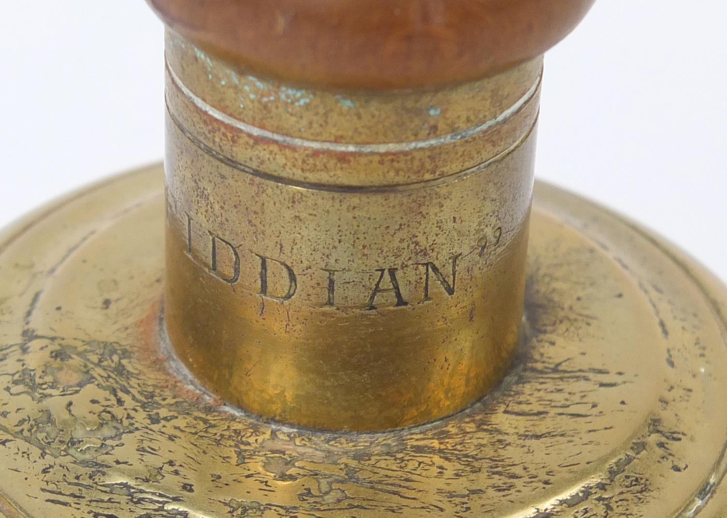 Heavy brass bell engraved, engraved Fiddian, 26cm high : For Further Condition Reports Please - Image 3 of 4