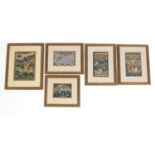 Five Indian Mughal style pictures of huntsmen and figures in boats, each mounted and framed, the