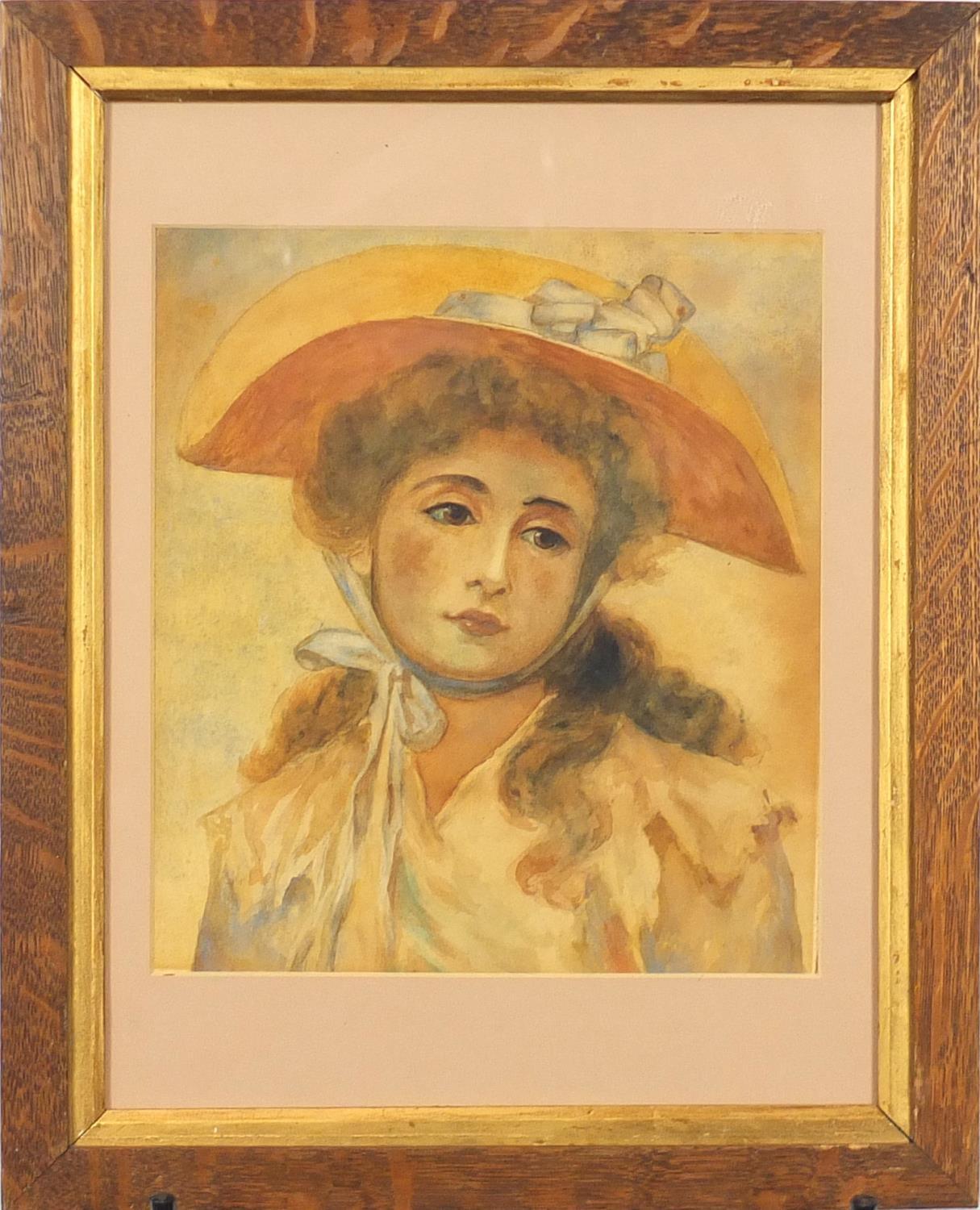 After Renoir - Young girl wearing a bonnet, watercolour and pencil on paper laid on paper, mounted - Image 2 of 3