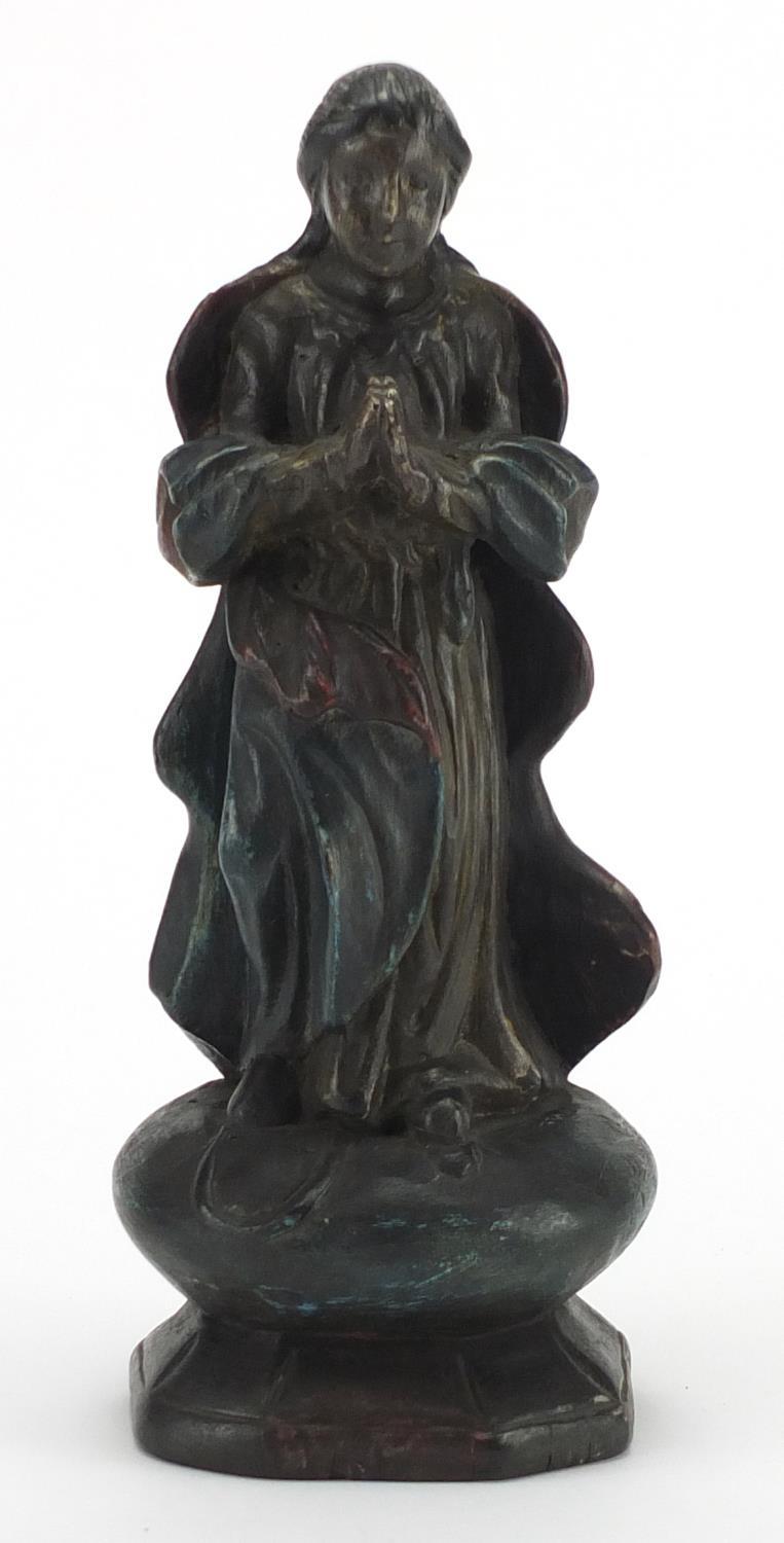 Hand painted carved wood religious figure, 28.5cm high : For Further Condition Reports Please