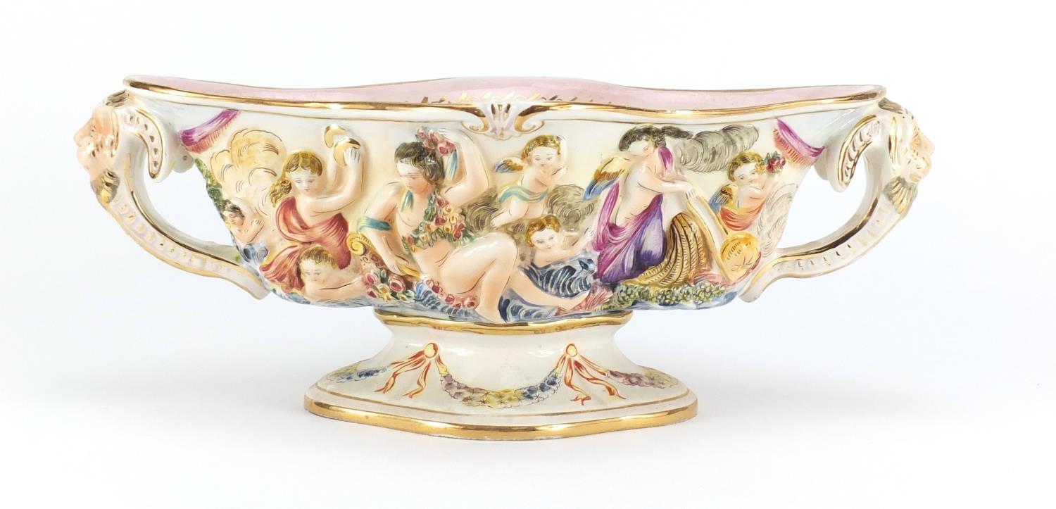 Italian porcelain centre piece with twin handles by Capodimonte, hand painted and decorated in - Image 2 of 5