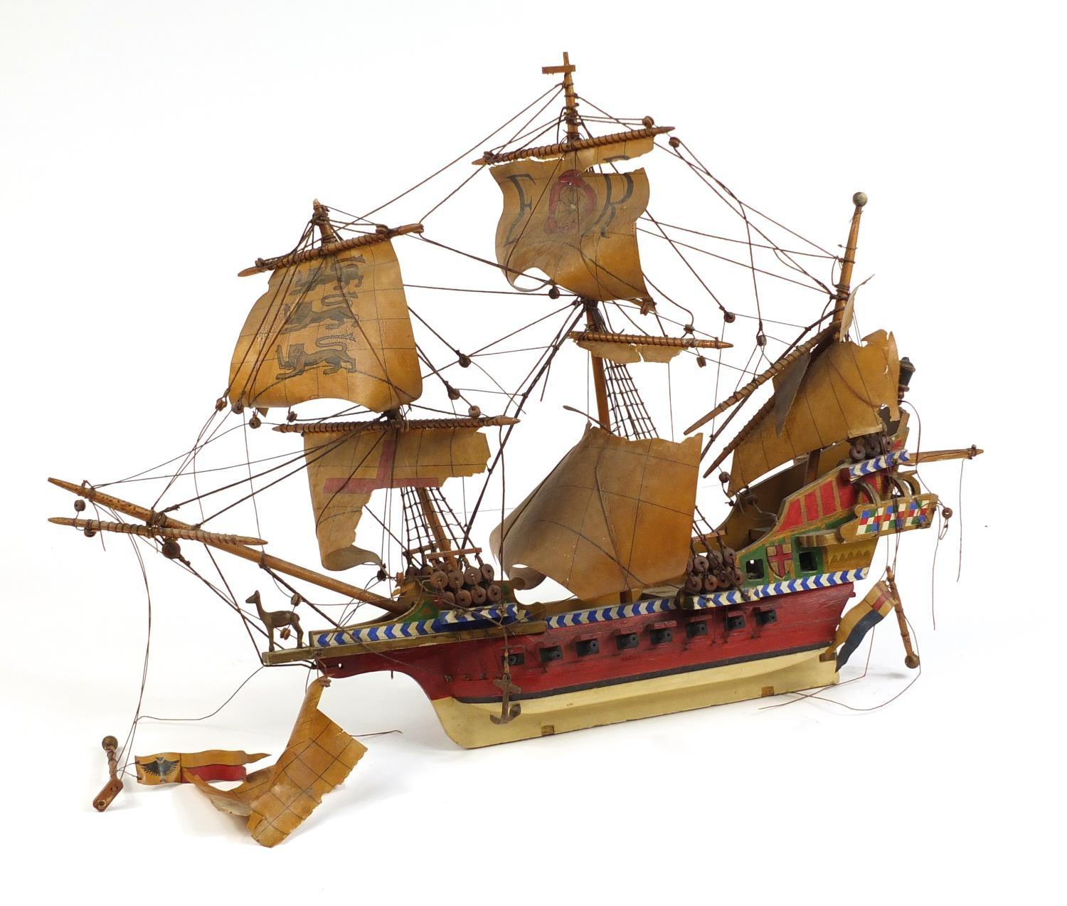 Hand painted wooden rigged sailing ship, 80cm in length : For Further Condition Reports Please visit