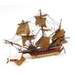 Hand painted wooden rigged sailing ship, 80cm in length : For Further Condition Reports Please visit