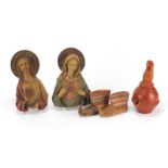 Objects including a pair of hand painted religious icons and a pair of miniature leather and