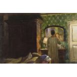 Female looking in her mirror, Camden school oil on board, bearing a monogram BD, mounted and framed,