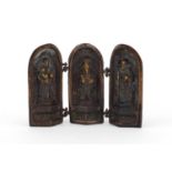 Chinese bronzed metal triptych with three elders, 15cm high : For Further Condition Reports Please
