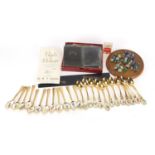 Objects including birds of Britain collectors spoons, Victorian solitaire board with glass marbles