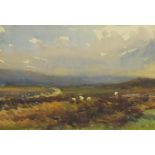 Sheep in a field, watercolour, bearing a monogram MW, mounted and framed, 17cm x 12cm : For