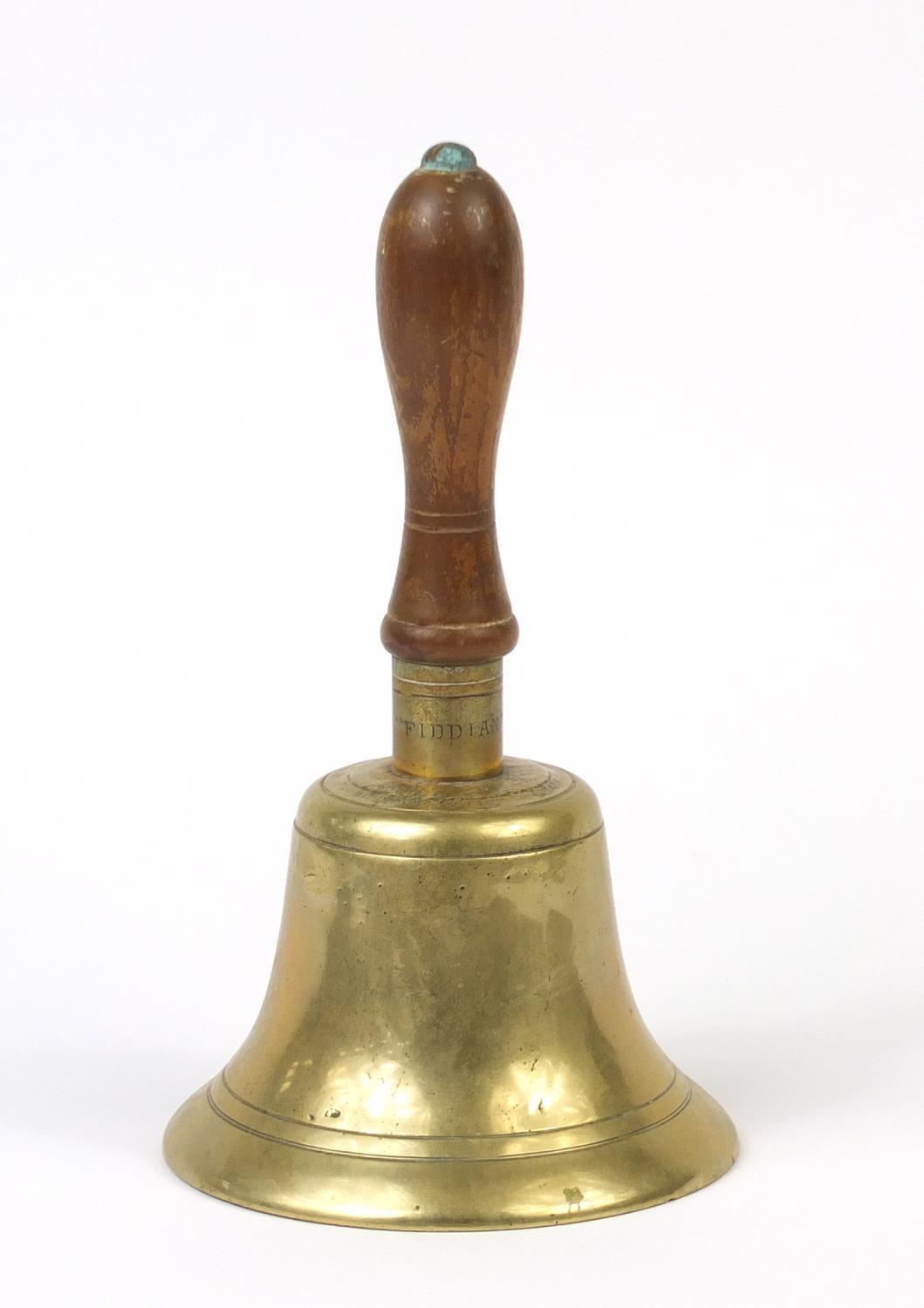 Heavy brass bell engraved, engraved Fiddian, 26cm high : For Further Condition Reports Please