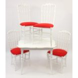 French style white painted dining table with serpentine outline and four stick back chairs, 76cm H x