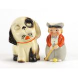 Crown Devon Bonzo dog by Fieldings and a Goebel golf figure jug, the largest 13cm high : For Further